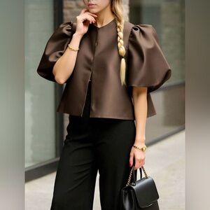 Elegant Brown Puff Sleeve Blouse